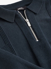 Navy Blue Textured Knit Zip Neck Long Sleeve Polo Shirt (3-16yrs) - Image 3 of 3