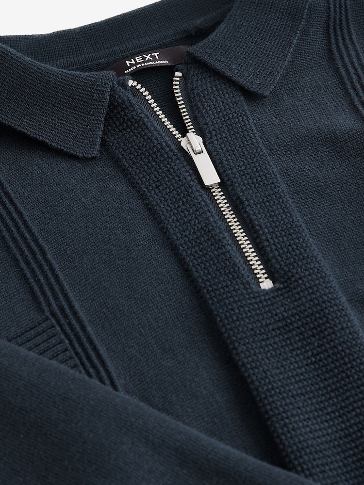 Navy Blue Textured Knit Zip Neck Long Sleeve Polo Shirt (3-16yrs) - Image 3 of 3