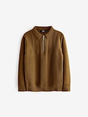 Brown Textured Knit Zip Neck Long Sleeve Polo Shirt (3-16yrs) - Image 1 of 3