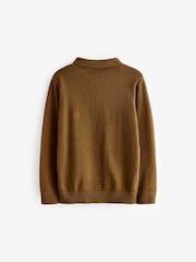 Brown Textured Knit Zip Neck Long Sleeve Polo Shirt (3-16yrs) - Image 2 of 3