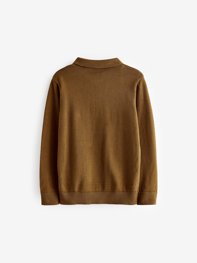 Brown Textured Knit Zip Neck Long Sleeve Polo Shirt (3-16yrs) - Image 2 of 3