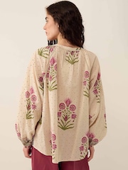 East Multi Roza Hand-Woodblock Printed Floral Dotted Cotton Embroidered Top - Image 2 of 5