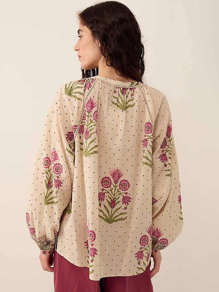 East Multi Roza Hand-Woodblock Printed Floral Dotted Cotton Embroidered Top - Image 2 of 5 East Multi Roza Hand-Woodblock Printed Floral Dotted Cotton Embroidered Top - Image 2 of 5