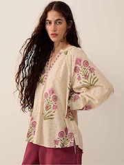 East Multi Roza Hand-Woodblock Printed Floral Dotted Cotton Embroidered Top - Image 3 of 5