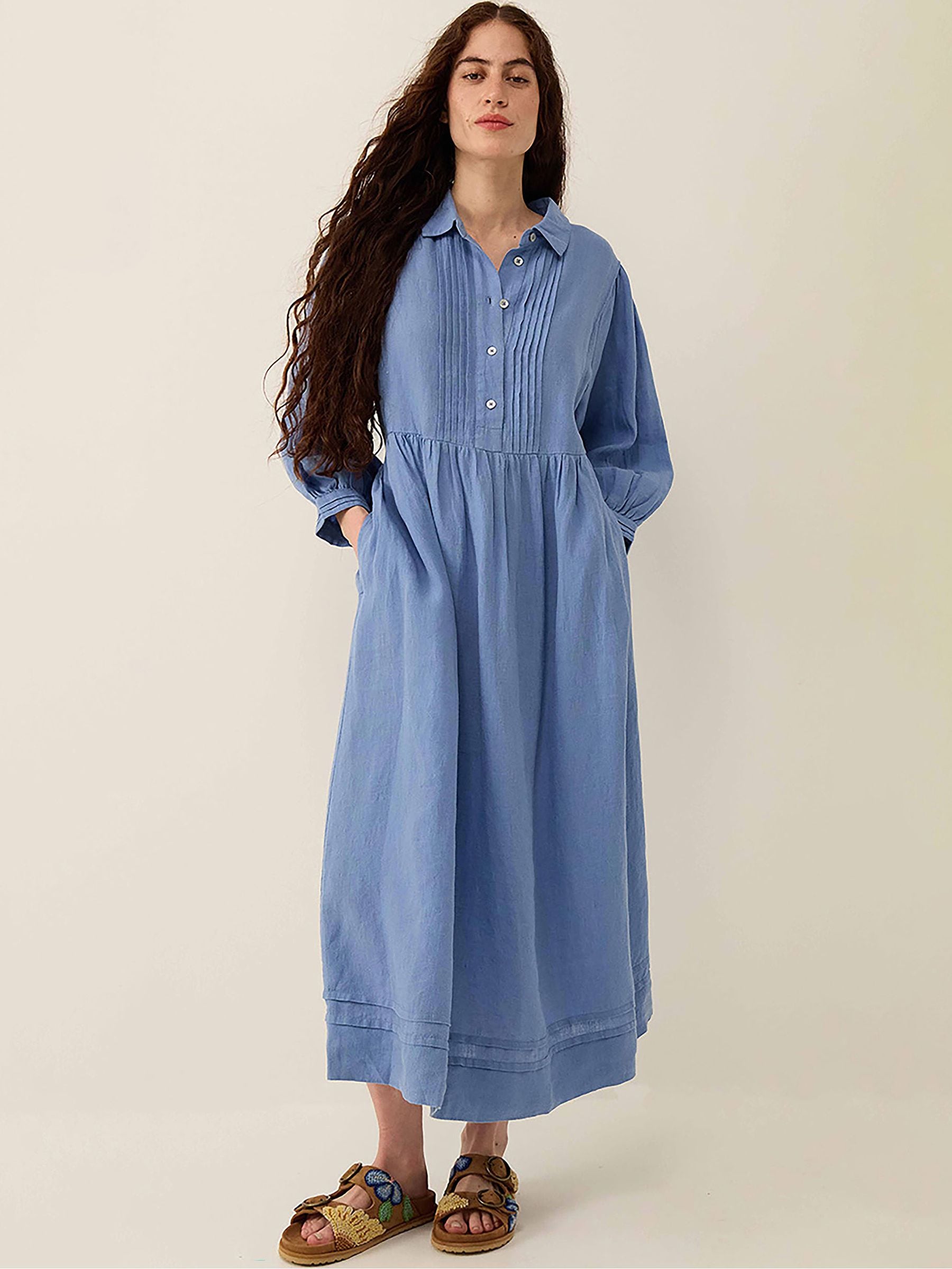 Buy East Blue Liza Linen Pintuck Detail Long Sleeve Shirt Dress