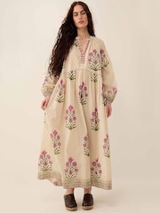 East Roza Hand-Woodblock Printed Dotted Floral Cotton Embroidered Dress - Imagen 1 de 5