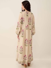 East Roza Hand-Woodblock Printed Dotted Floral Cotton Embroidered Dress - Imagen 2 de 5