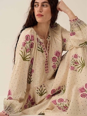 East Roza Hand-Woodblock Printed Dotted Floral Cotton Embroidered Dress - Imagen 4 de 5