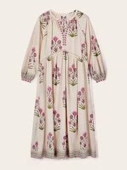 East Roza Hand-Woodblock Printed Dotted Floral Cotton Embroidered Dress - Imagen 5 de 5