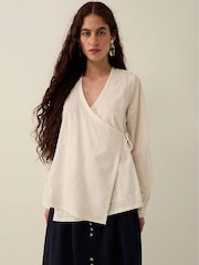 East White Romana Hand-Embroidered Floral Cotton Wrap Top - Image 1 of 6