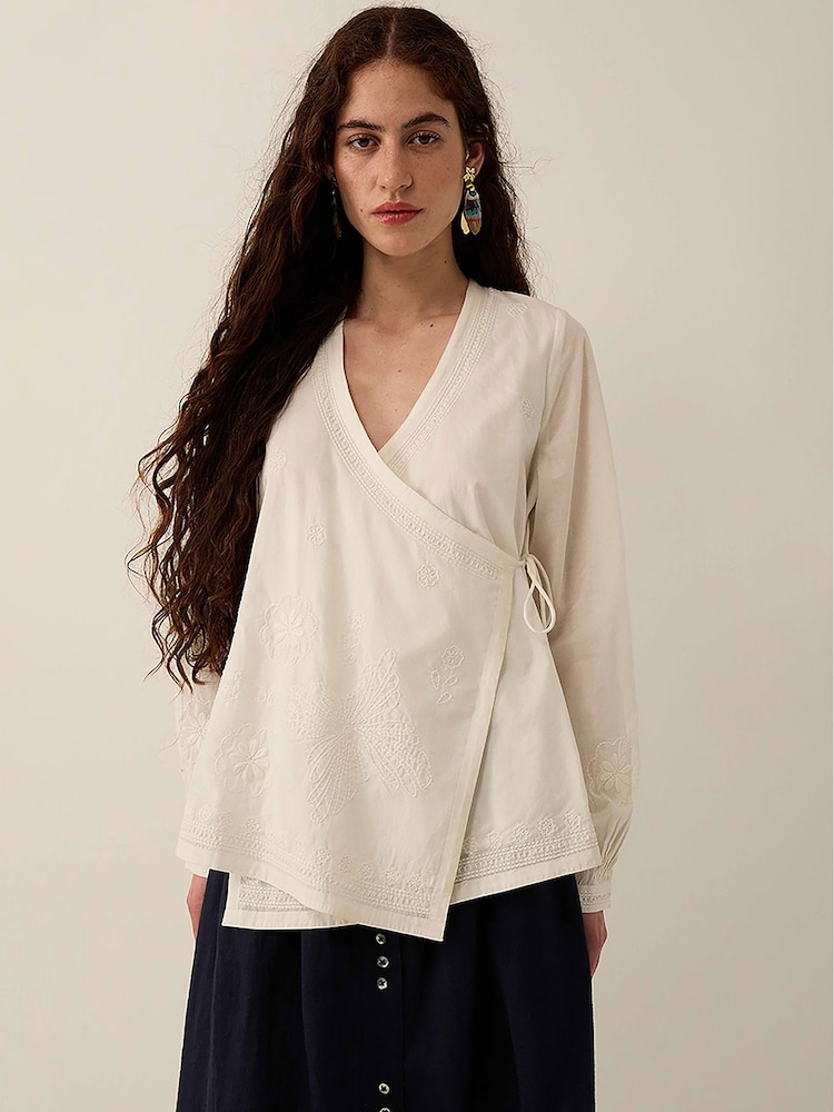 East White Romana Hand-Embroidered Floral Cotton Wrap Top - Image 1 of 6 East White Romana Hand-Embroidered Floral Cotton Wrap Top - Image 1 of 6
