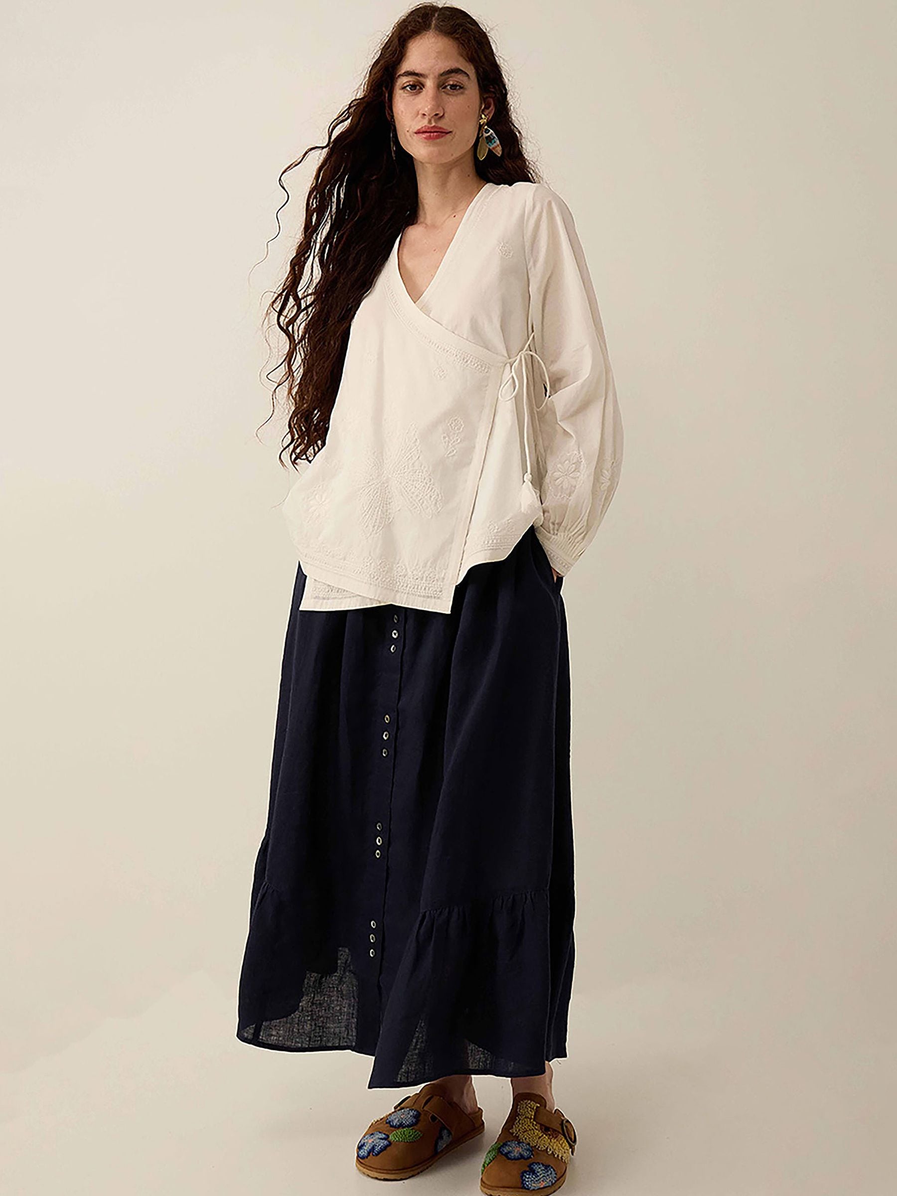 Buy East White Romana Hand-Embroidered Floral Cotton Wrap Top from