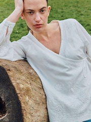 East White Romana Hand-Embroidered Floral Cotton Wrap Top - Image 5 of 6