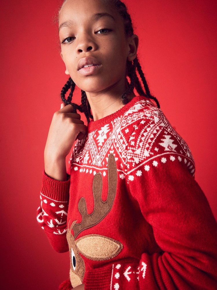 Red Reindeer Fairisle Pattern Knitted Christmas Jumper (3mths-16yrs) - Image 3 of 6