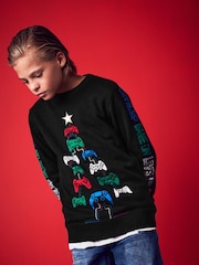 Black Gaming Tree Knitted Christmas Jumper (3-16yrs) - Image 1 of 7