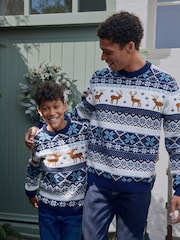 Navy Stag Matching Family Older Boys Wrap Knitted Christmas Jumper (3mths-16yrs) - Image 1 of 9
