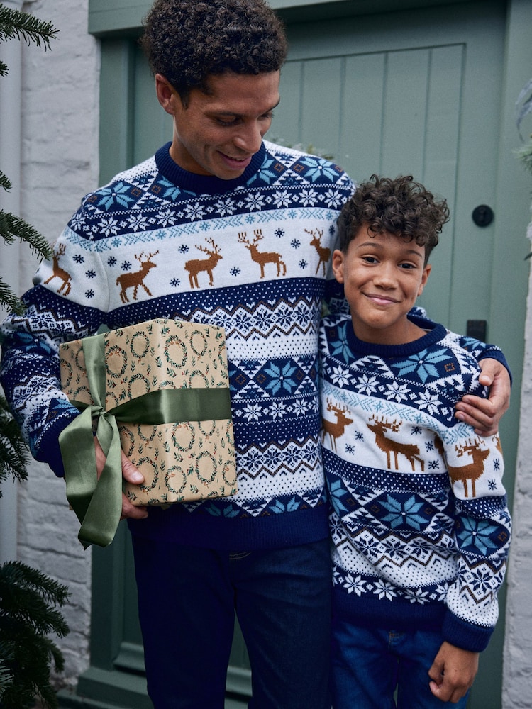 Elchmotiv, Marineblau - Matching Family Older Boys Wrap Knitted Christmas Jumper (3mths-16yrs) - Bild 2 von 9 Elchmotiv, Marineblau - Matching Family Older Boys Wrap Knitted Christmas Jumper (3mths-16yrs) - Bild 2 von 9