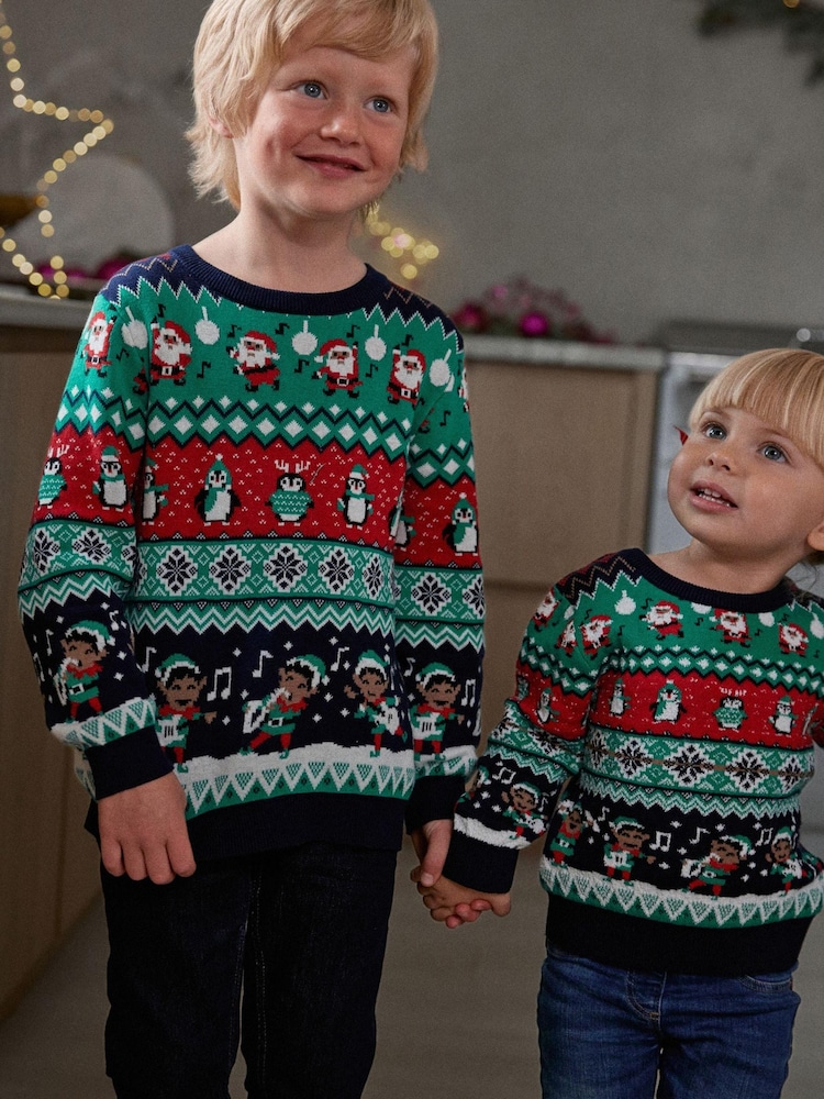 Multi Elf Fairisle Pattern Knitted Boys Christmas Cotton Jumper (3mths-16yrs) - Image 1 of 7