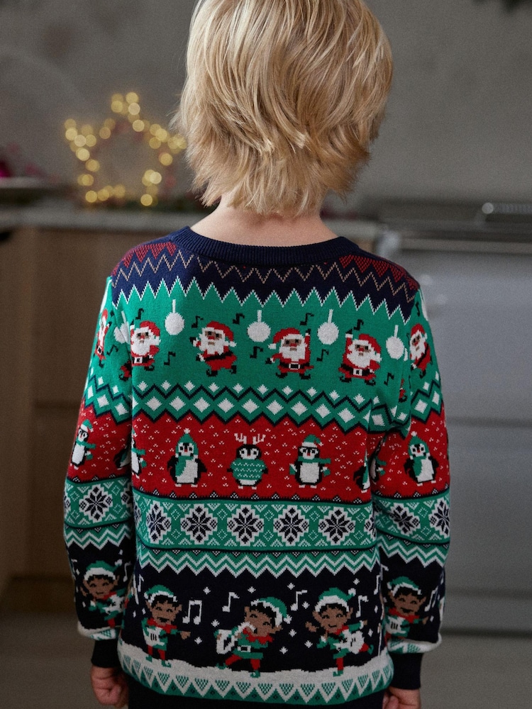 Multi Elf Fairisle Pattern Knitted Boys Christmas Cotton Jumper (3mths-16yrs) - Image 3 of 7