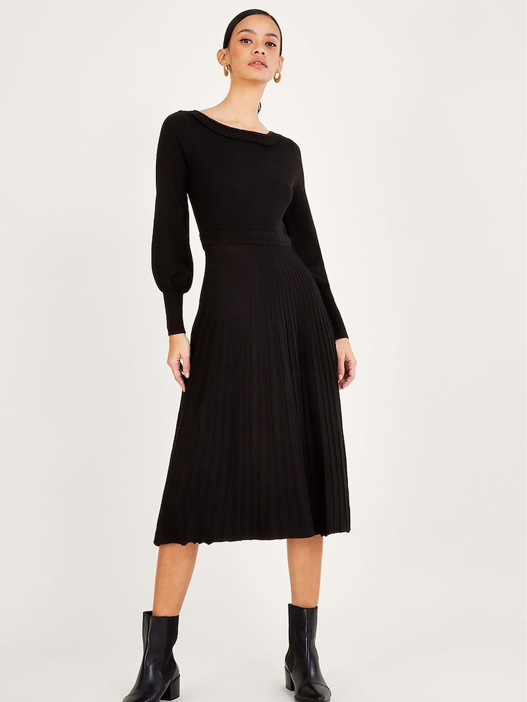 Monsoon Midikleid mit Plisseedesign, Schwarz - Bild 1 von 4