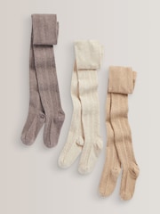 Oatmeal Cream/Brown 3 Pack Cotton Rich Cable Tights - Image 1 of 4