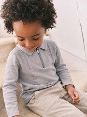 Minerals Blue Long Sleeve Zip Neck Textured Polo Shirt (3mths-7yrs) - Image 1 of 7