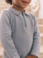 Minerals Blue Long Sleeve Zip Neck Textured Polo Shirt (3mths-7yrs) - Image 4 of 7