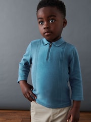 Blue Long Sleeve Zip Neck Textured Polo Shirt (3mths-7yrs) - Image 1 of 6