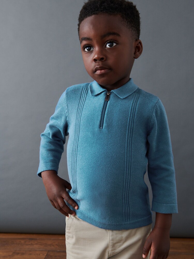 Blue Long Sleeve Zip Neck Textured Polo Shirt (3mths-7yrs) - Image 1 of 6