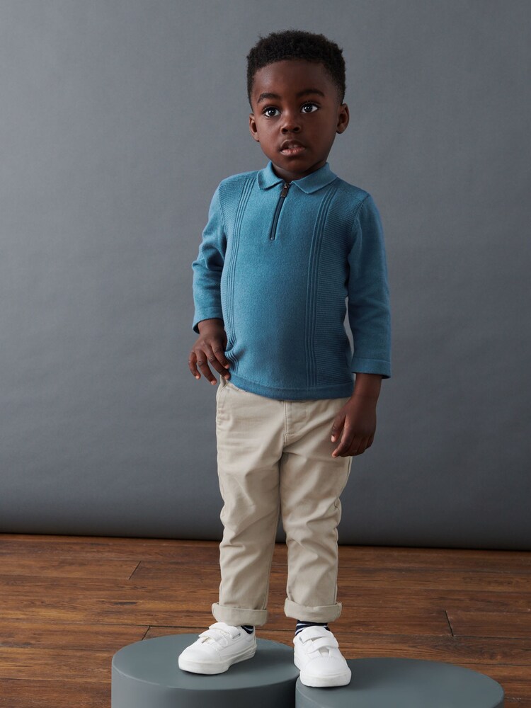 Blue Long Sleeve Zip Neck Textured Polo Shirt (3mths-7yrs) - Image 2 of 6