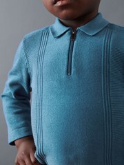 Blue Long Sleeve Zip Neck Textured Polo Shirt (3mths-7yrs) - Image 4 of 6