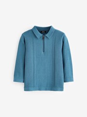 Blue Long Sleeve Zip Neck Textured Polo Shirt (3mths-7yrs) - Image 5 of 6