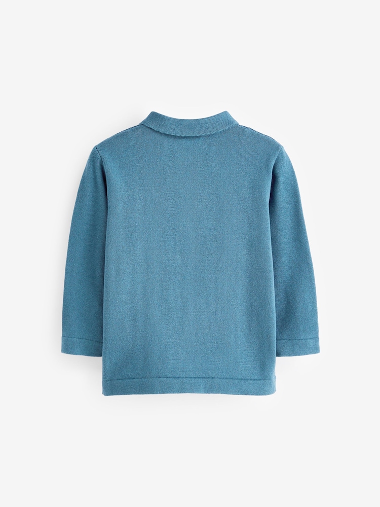 Blue Long Sleeve Zip Neck Textured Polo Shirt (3mths-7yrs) - Image 6 of 6