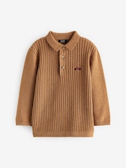 Neutral Cable Knit Smart Long Sleeve Polo Shirt (3mths-7yrs) - Image 6 of 8