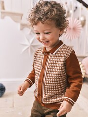 Rust Brown Geometric Long Sleeve Patterned Knit Polo Shirt (3mths-7yrs) - Image 1 of 7