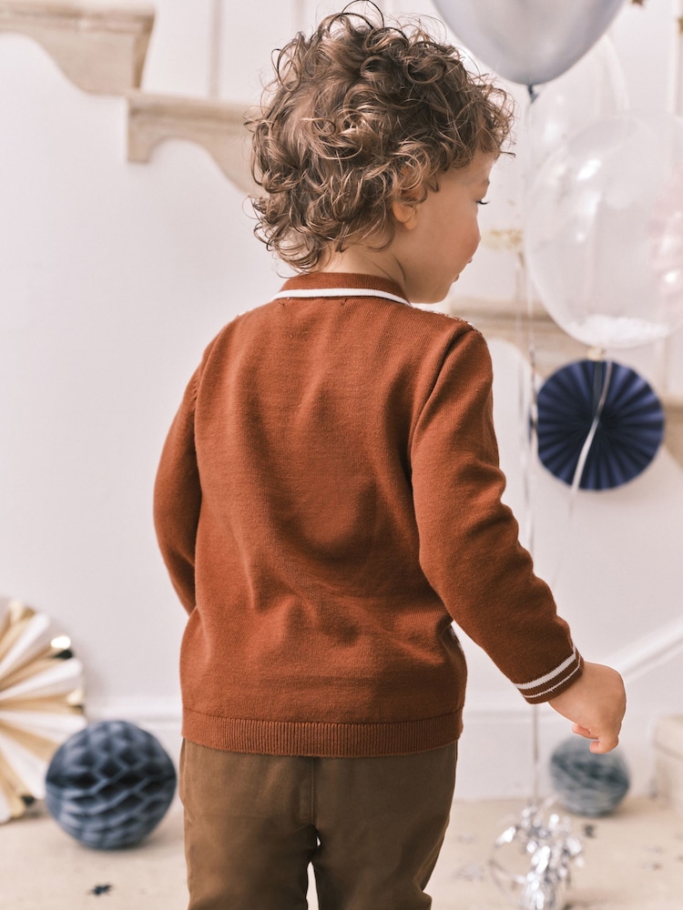 Rust Brown Geometric Long Sleeve Patterned Knit Polo Shirt (3mths-7yrs) - Image 2 of 7