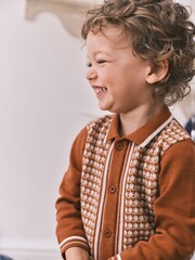 Rust Brown Geometric Long Sleeve Patterned Knit Polo Shirt (3mths-7yrs) - Image 3 of 7