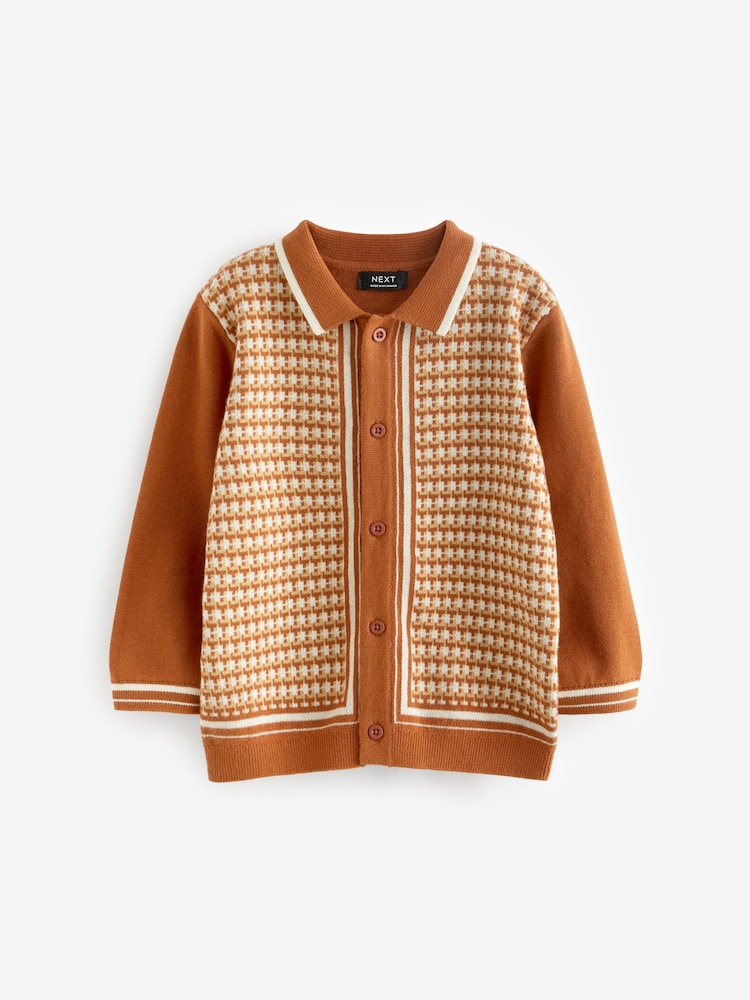 Rust Brown Geometric Long Sleeve Patterned Knit Polo Shirt (3mths-7yrs) - Image 4 of 7