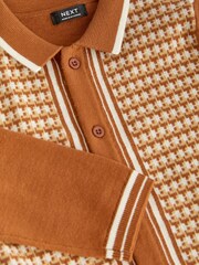 Rust Brown Geometric Long Sleeve Patterned Knit Polo Shirt (3mths-7yrs) - Image 6 of 7