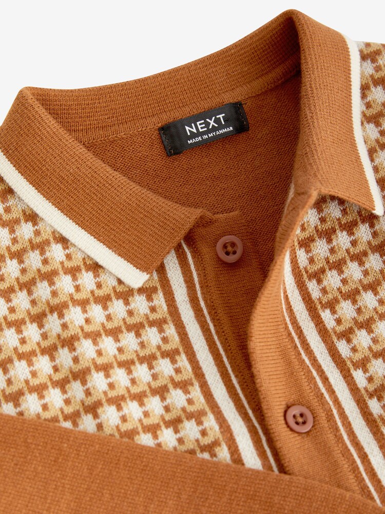Rust Brown Geometric Long Sleeve Patterned Knit Polo Shirt (3mths-7yrs) - Image 7 of 7