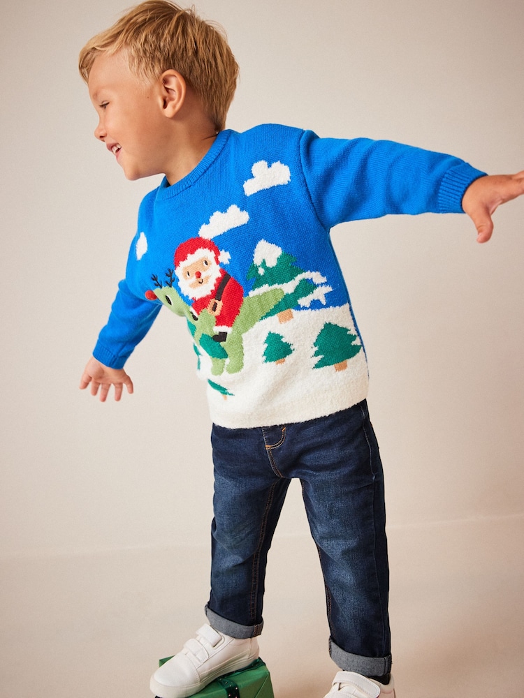 Cobalt Blue Santa Dinosaur Knitted Christmas Jumper (3mths-7yrs) - Image 1 of 7