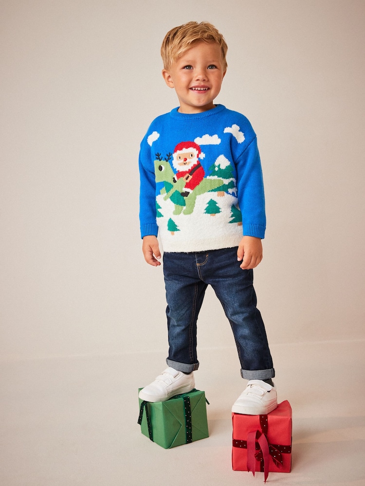 Cobalt Blue Santa Dinosaur Knitted Christmas Jumper (3mths-7yrs) - Image 2 of 7