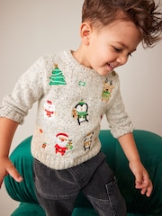 Серый с вышивкой - Вязаное Рождество джемпер (3mths-7yrs) - Изображение 1 из 7