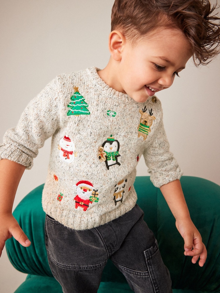 Серый с вышивкой - Вязаное Рождество джемпер (3mths-7yrs) - Изображение 1 из 7