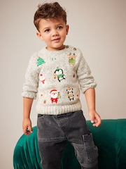 Серый с вышивкой - Вязаное Рождество джемпер (3mths-7yrs) - Изображение 2 из 7