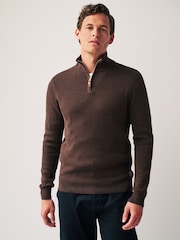 Brown Zip Neck Knitted Premium Regular Fit Jumper - Image 1 of 7