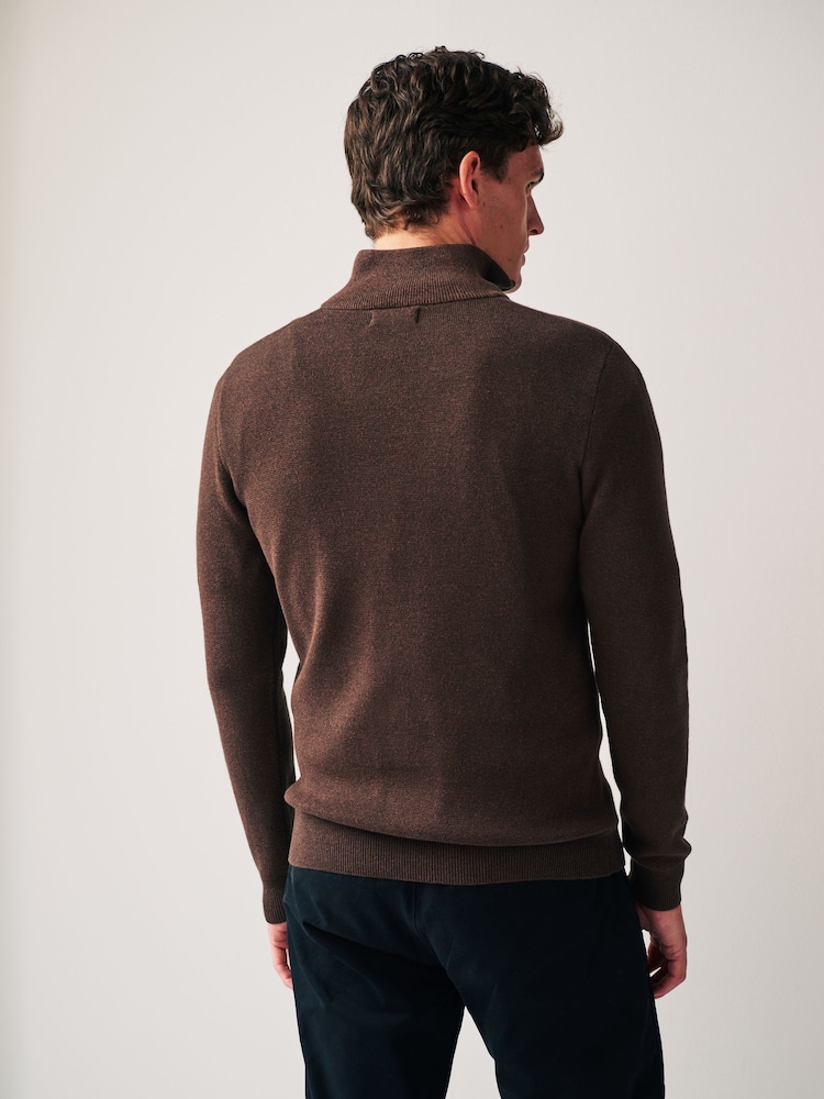 Brown Zip Neck Knitted Premium Regular Fit Jumper - Image 3 of 7
