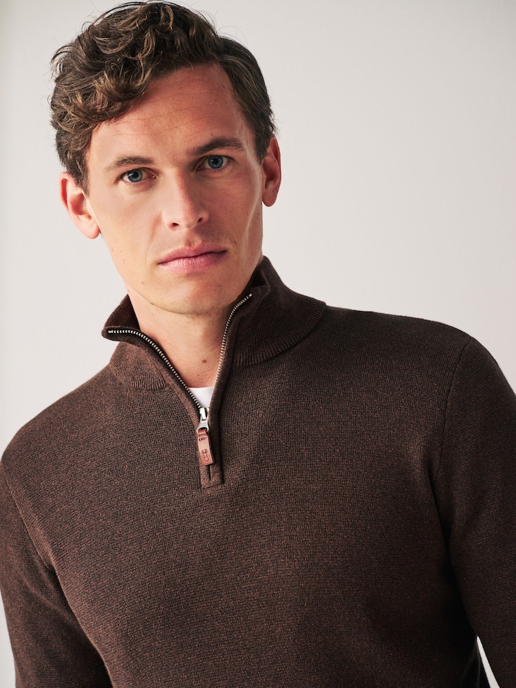 Brown Zip Neck Knitted Premium Regular Fit Jumper - Image 4 of 7
