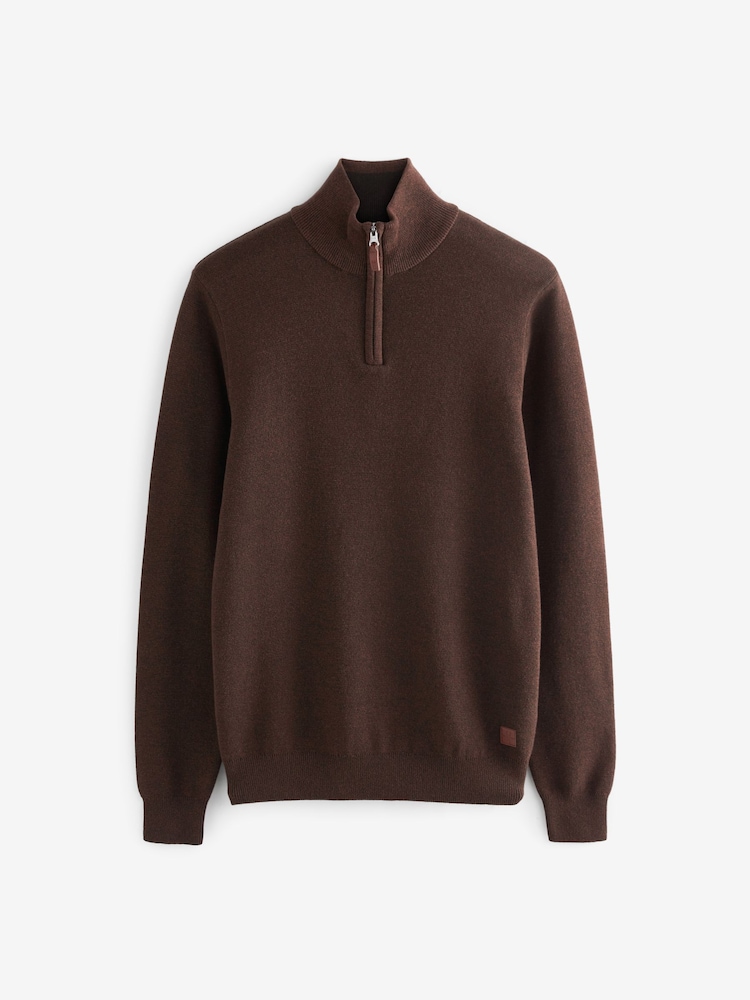 Brown Zip Neck Knitted Premium Regular Fit Jumper - Image 5 of 7
