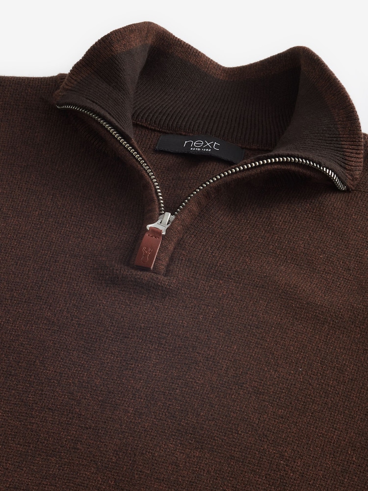 Brown Zip Neck Knitted Premium Regular Fit Jumper - Image 7 of 7